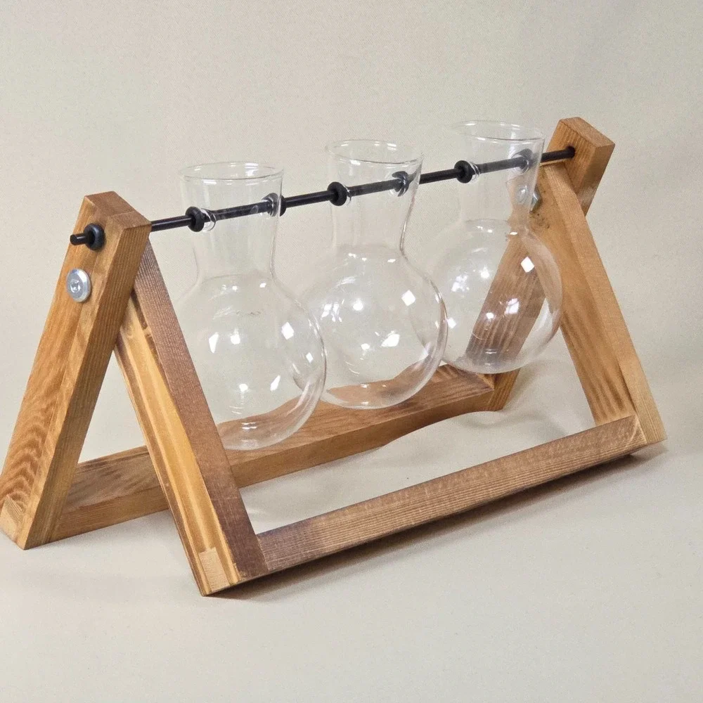 Plant Propagation Station 3 Bulb Glass Vases Burnt Wood Stand Terrarium
